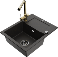 Mexen Enzo granite 1-bowl kitchen sink with drainer and kitchen faucet Duero, black/gold metallic - 6506-75-671600-50-B