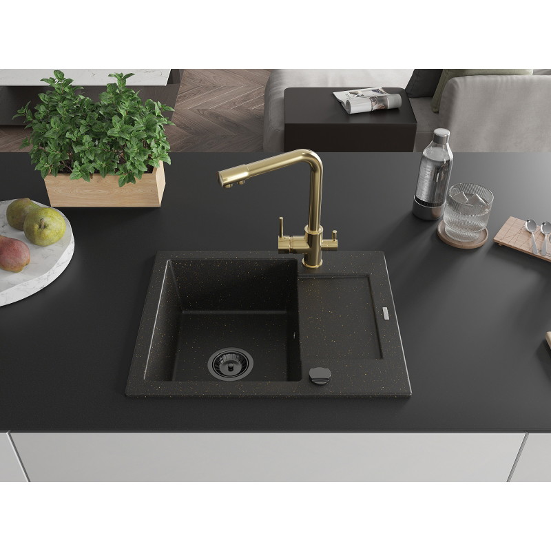 Mexen Enzo granite 1-bowl kitchen sink with drainer and kitchen faucet Duero, black/gold metallic - 6506-75-671600-50-B