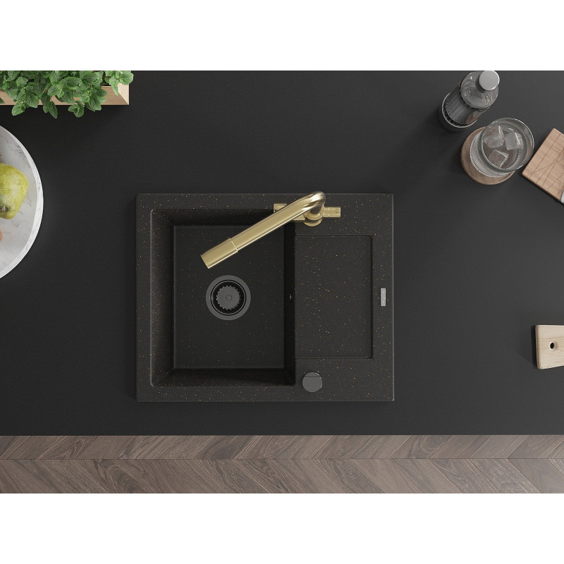 Mexen Enzo granite single-bowl sink with drainer and Duero kitchen faucet, black/gold metallic - 6506-75-671600-50-B