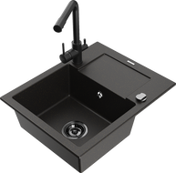 Mexen Enzo single-bowl granite sink with drainer and Duero kitchen faucet, black/gold metallic - 6506-75-671600-70-B