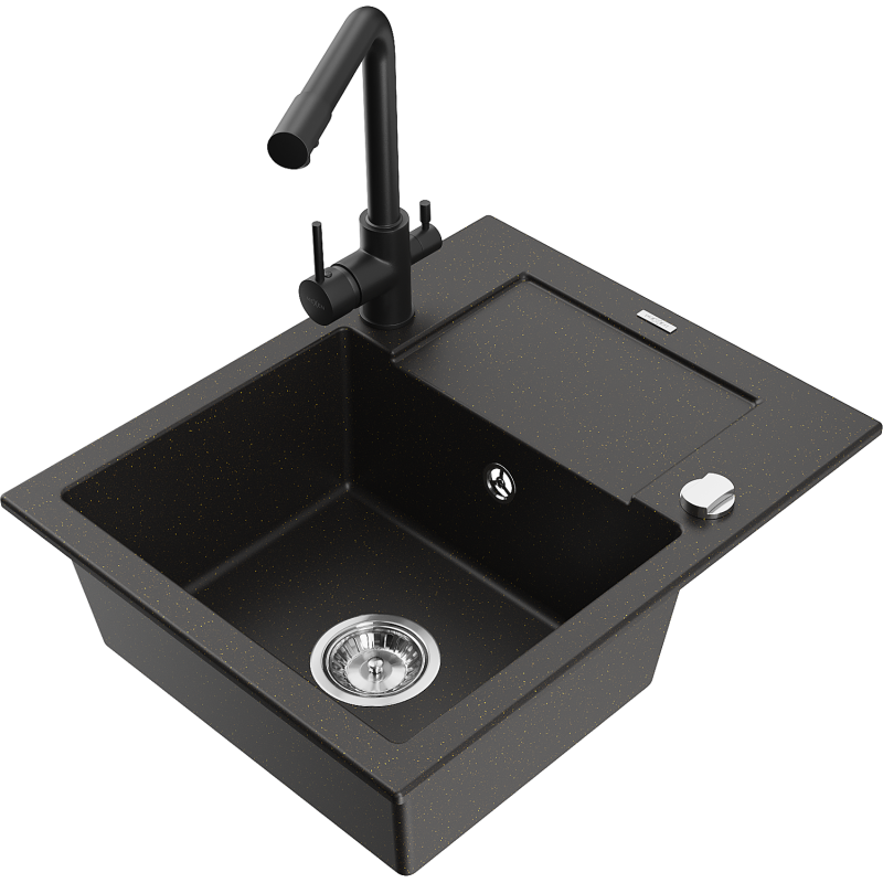 Mexen Enzo 1-bowl granite sink with drainer and Duero kitchen tap, black/golden metallic - 6506-75-671600-70