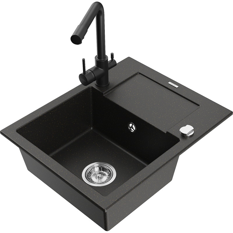 Mexen Enzo granite kitchen sink 1-bowl with drainer and Duero kitchen faucet, black/gold metallic - 6506-75-671600-70