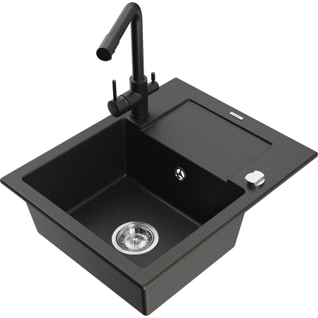 Mexen Enzo 1-bowl granite sink with drainer and Duero kitchen tap, black/golden metallic - 6506-75-671600-70