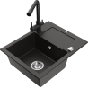 Mexen Enzo granite kitchen sink 1-bowl with drainer and Duero kitchen faucet, black/gold metallic - 6506-75-671600-70
