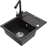 Mexen Enzo 1-compartment granite sink with a drip tray and kitchen mixer tap Duero, Black/Gold metallic - 6506-75-671600-70