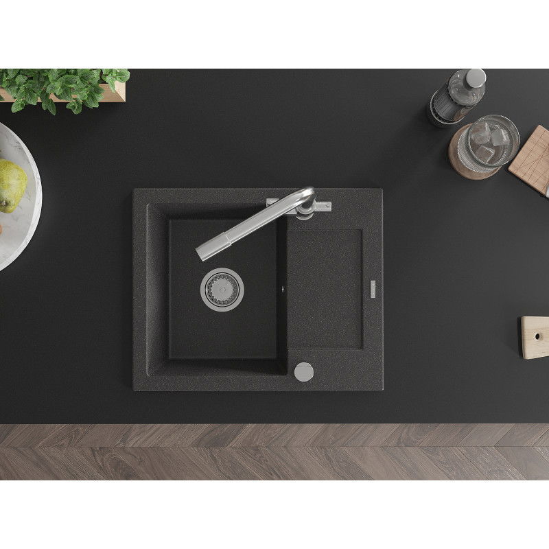 Mexen Enzo granite kitchen sink with 1 bowl, drainer, and Duero kitchen tap, speckled black - 6506-76-671600-00
