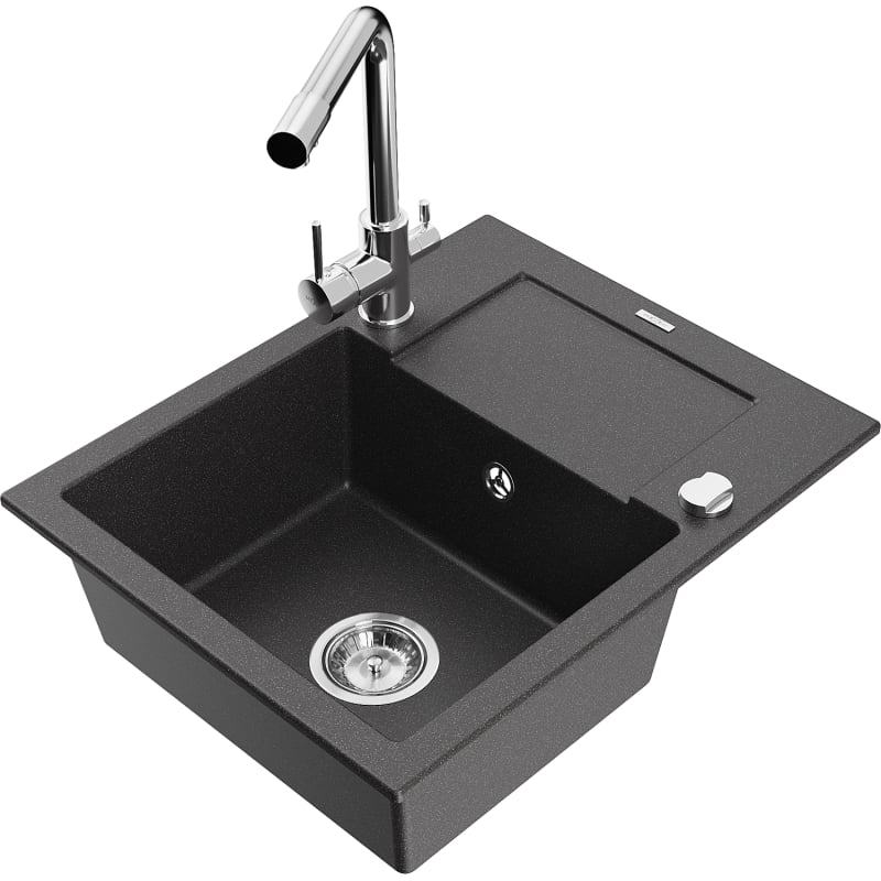 Mexen Enzo granite 1-bowl sink with drainer and kitchen faucet Duero, black speckled - 6506-76-671600-00