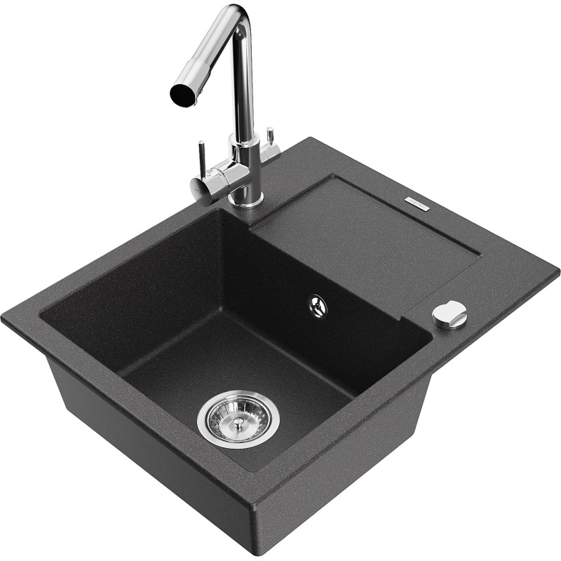 Mexen Enzo granite kitchen sink 1-bowl with drainer and kitchen faucet Duero, speckled black - 6506-76-671600-00