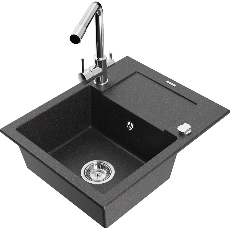 Mexen Enzo granite kitchen sink with 1 bowl, drainer, and Duero kitchen tap, speckled black - 6506-76-671600-00