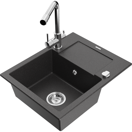 Mexen Enzo granite kitchen sink 1-bowl with drainer and kitchen faucet Duero, speckled black - 6506-76-671600-00