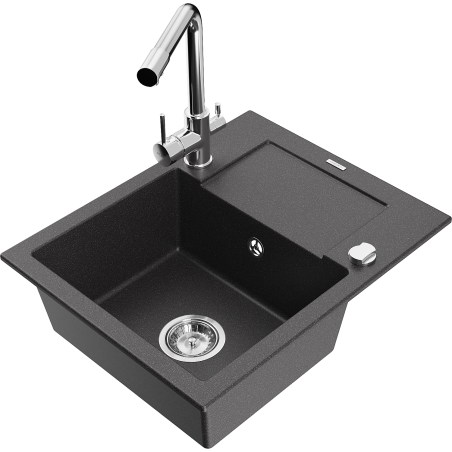 Mexen Enzo granite kitchen sink with 1 bowl, drainer, and Duero kitchen tap, speckled black - 6506-76-671600-00