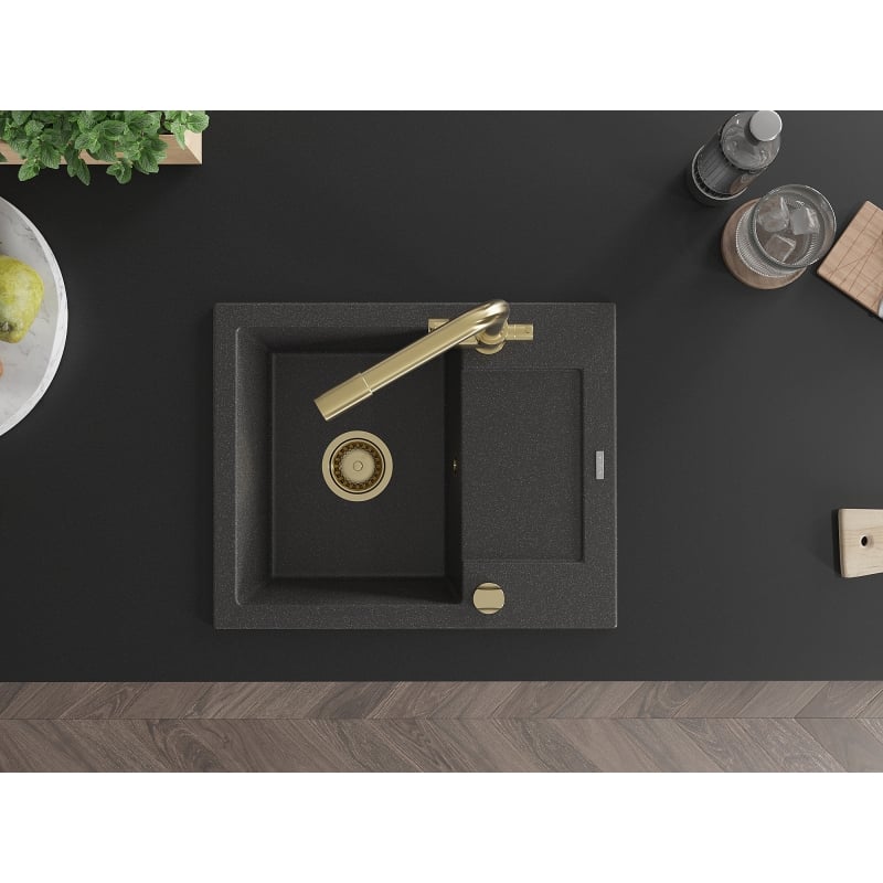 Mexen Enzo 1-bowl granite sink with drainer and Duero kitchen faucet, speckled black - 6506-76-671600-50