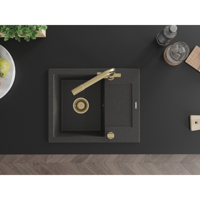 Mexen Enzo granite single-bowl sink with drainer and Duero kitchen faucet, black speckled - 6506-76-671600-50