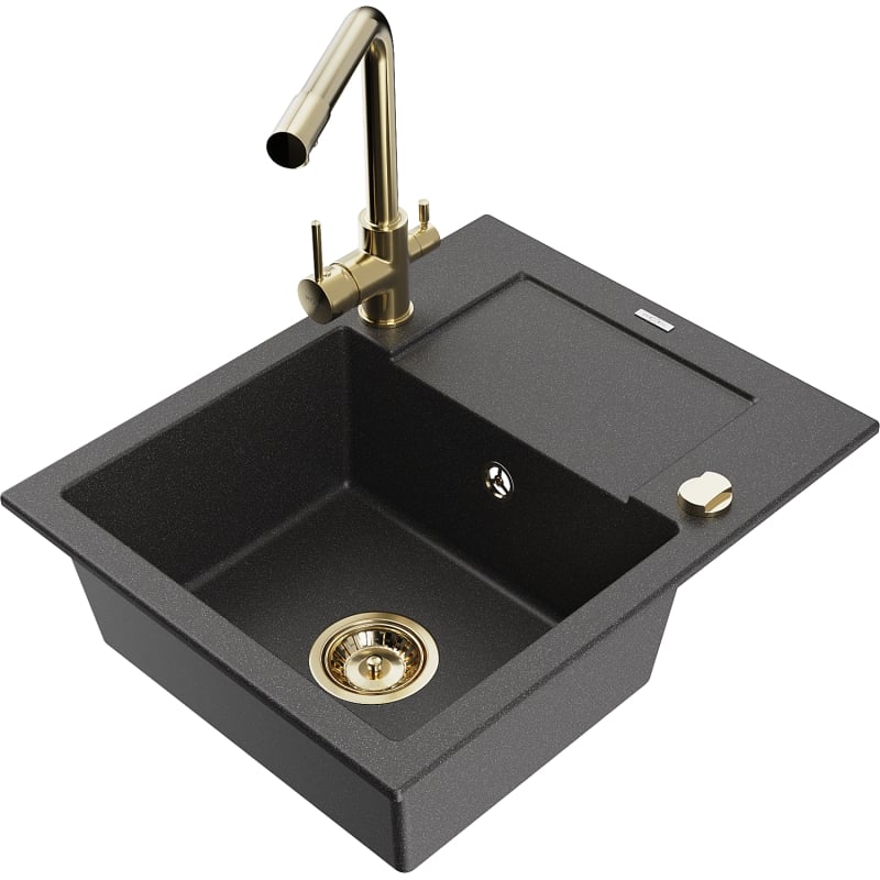 Mexen Enzo 1-bowl granite sink with drainer and Duero kitchen faucet, speckled black - 6506-76-671600-50