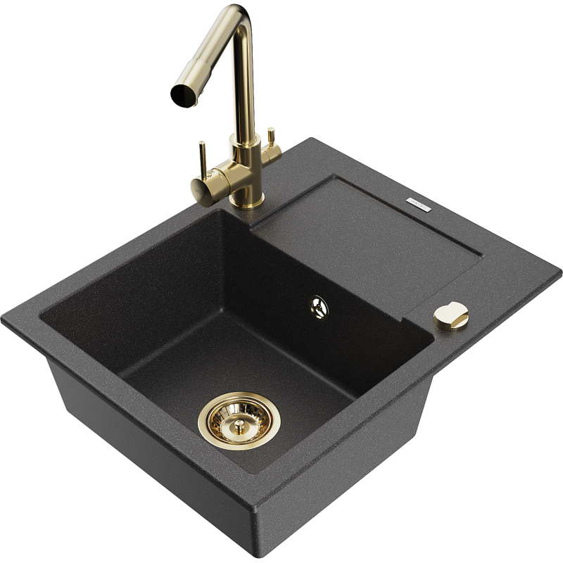 Mexen Enzo 1-compartment granite sink with a drip tray and kitchen mixer tap Duero, spotted black - 6506-76-671600-50