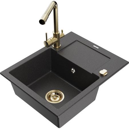 Mexen Enzo 1-bowl granite sink with drainer and Duero kitchen faucet, speckled black - 6506-76-671600-50