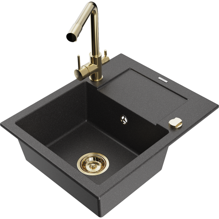 Mexen Enzo granite single-bowl sink with drainer and Duero kitchen faucet, black speckled - 6506-76-671600-50