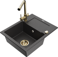 Mexen Enzo 1-bowl granite sink with drainer and Duero kitchen faucet, speckled black - 6506-76-671600-50