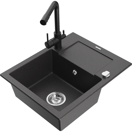 Mexen Enzo Duero 1-Bowl Granite Sink with Drainer and Kitchen Faucet, Speckled Black - 6506-76-671600-70