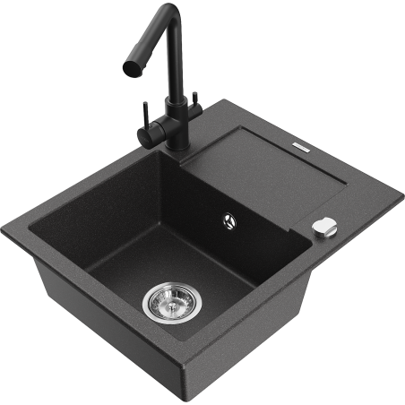 Mexen Enzo single-bowl granite sink with drainer and Duero kitchen faucet, black speckled - 6506-76-671600-70