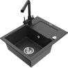 Mexen Enzo 1-bowl granite sink with drainer and Duero kitchen tap, speckled black - 6506-76-671600-70