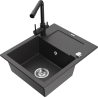 Mexen Enzo single-bowl granite sink with drainer and Duero kitchen faucet, black speckled - 6506-76-671600-70