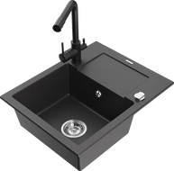 Mexen Enzo 1-bowl granite sink with drainer and Duero kitchen tap, speckled black - 6506-76-671600-70