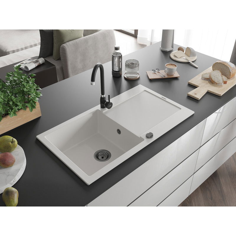 Mexen Leo granite sink 1-chamber with drainer and Telma kitchen tap, white - 6501-20-670200-70