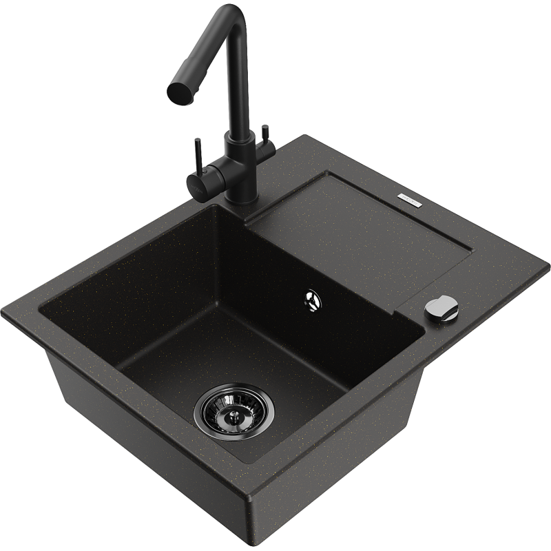 Mexen Enzo 1-Bowl Granite Sink with Drainer and Duero Kitchen Tap, Black Speckled - 6506-76-671600-70-B