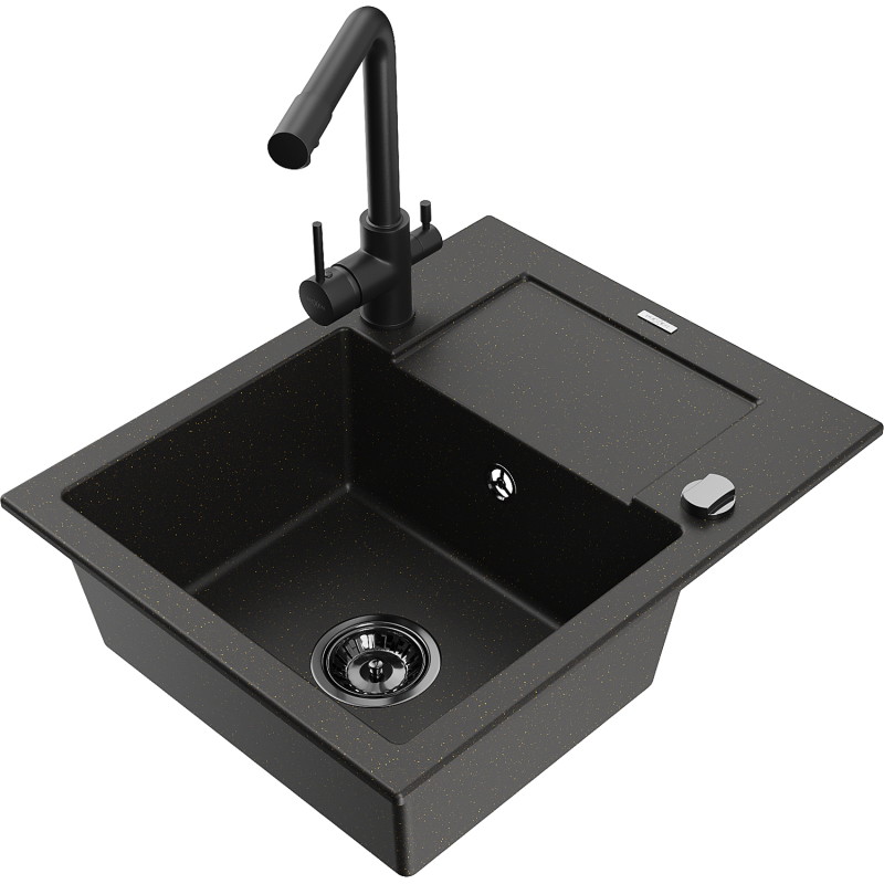 Mexen Enzo granite sink 1-bowl with drainer and Duero kitchen faucet, black speckled - 6506-76-671600-70-B
