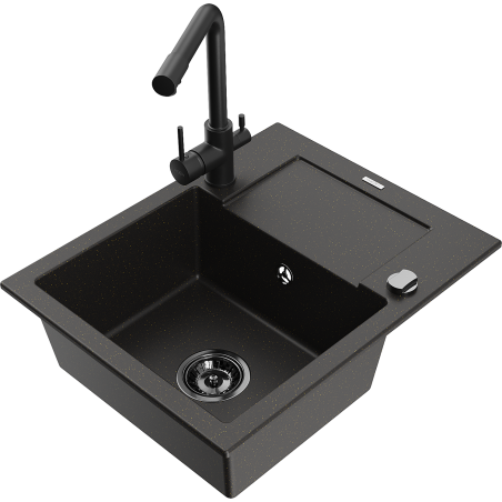 Mexen Enzo 1-bowl granite sink with drainer and Duero kitchen faucet, speckled black - 6506-76-671600-70-B