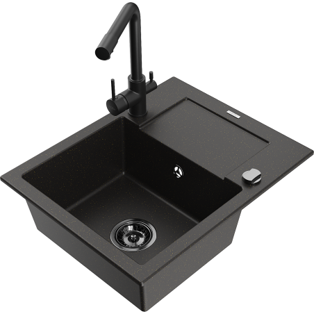 Mexen Enzo 1-Bowl Granite Sink with Drainer and Duero Kitchen Tap, Black Speckled - 6506-76-671600-70-B