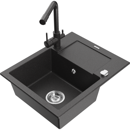 Mexen Enzo granite kitchen sink 1-bowl with drainer and Duero kitchen faucet, black speckled - 6506-76-671600-76