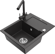 Mexen Enzo 1-compartment granite sink with a drip tray and kitchen mixer tap Duero, spotted black - 6506-76-671600-76