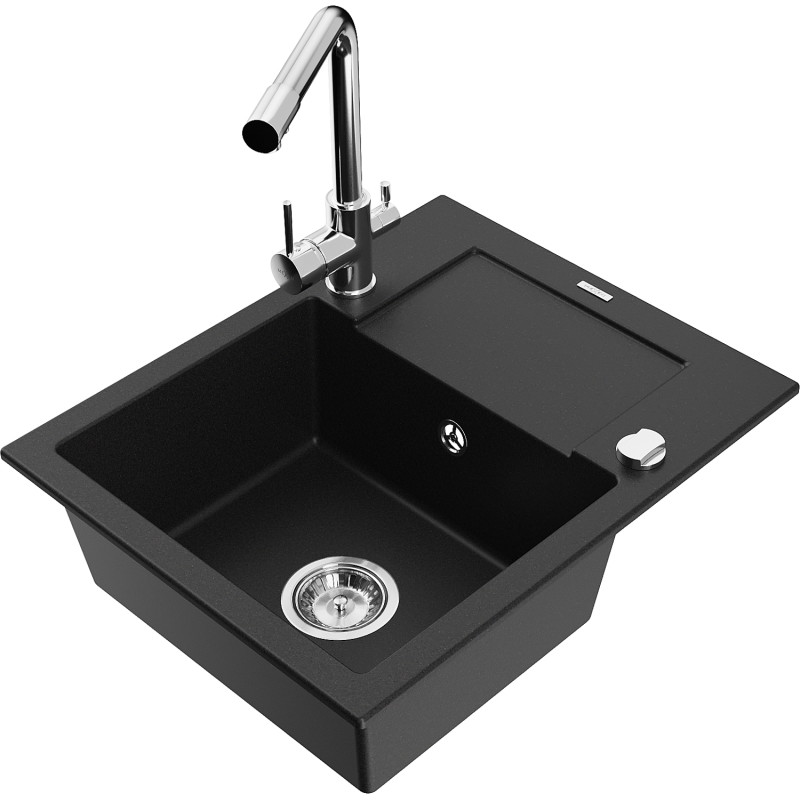 Mexen Enzo 1-bowl granite kitchen sink with drainer and kitchen faucet Duero, black - 6506-77-671600-00