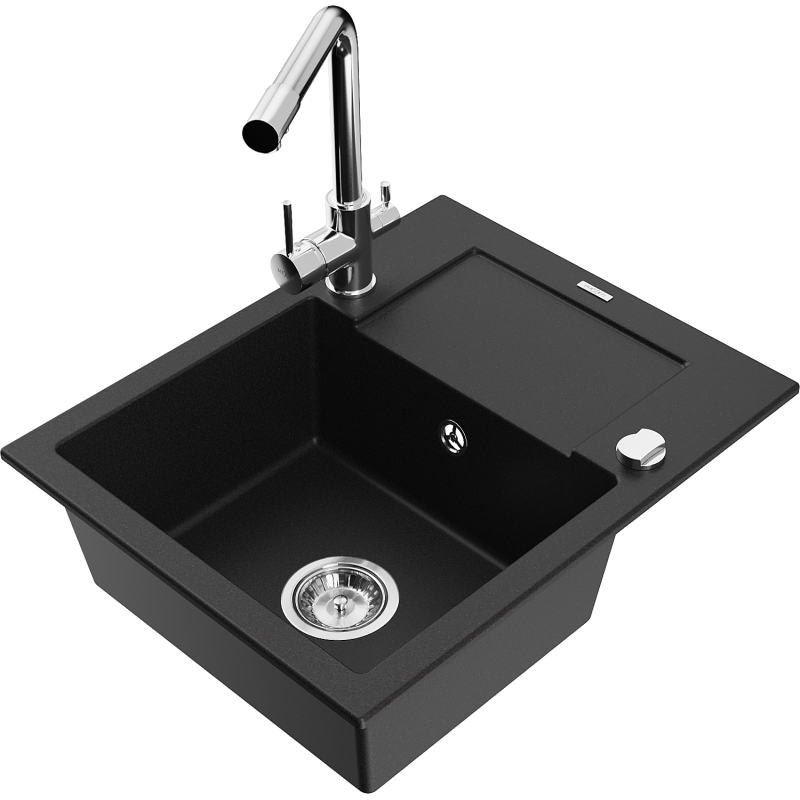 Mexen Enzo 1-compartment granite sink with a drip tray and kitchen mixer tap Duero, Black - 6506-77-671600-00