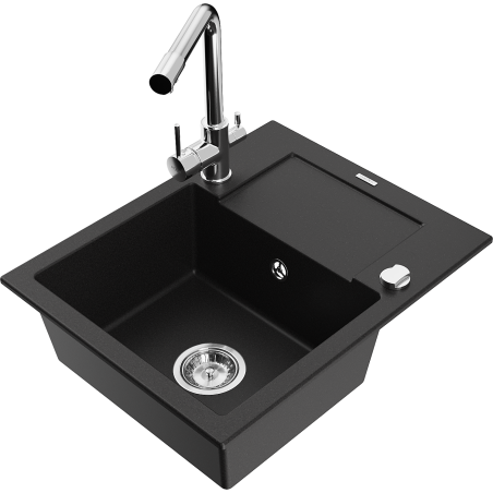 Mexen Enzo 1-compartment granite sink with a drip tray and kitchen mixer tap Duero, Black - 6506-77-671600-00