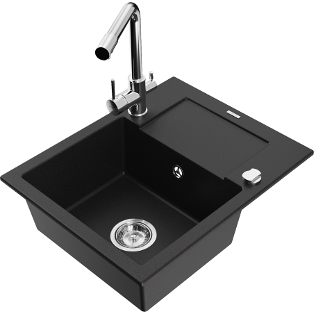 Mexen Enzo granite sink 1-bowl with drainer and Duero kitchen tap, black - 6506-77-671600-00