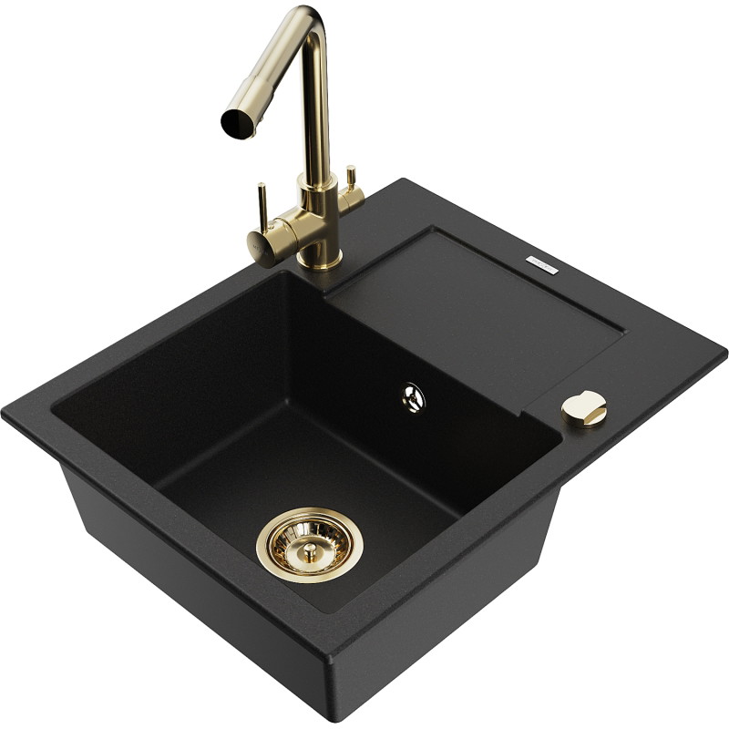 Mexen Enzo 1-bowl granite sink with drainer and Duero kitchen faucet, black - 6506-77-671600-50