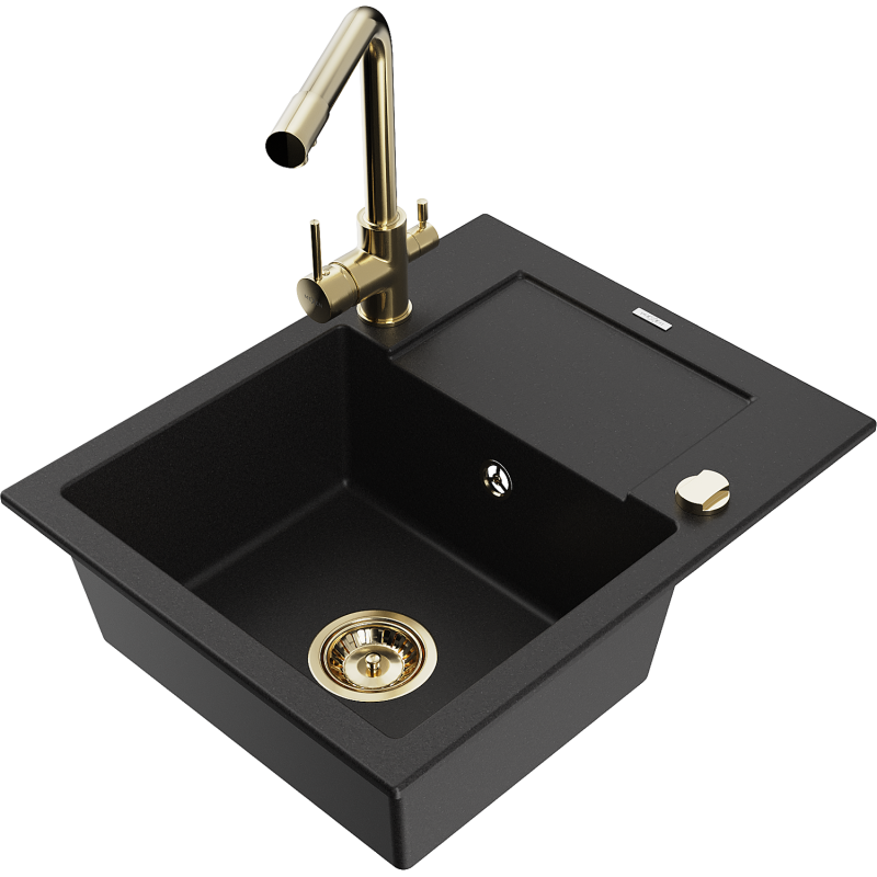 Mexen Enzo 1-compartment granite sink with a drip tray and kitchen mixer tap Duero, Black - 6506-77-671600-50