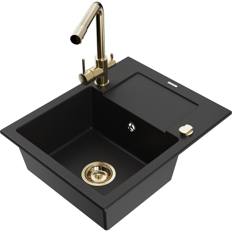 Mexen Enzo granite kitchen sink, 1-bowl with drainer and Duero kitchen faucet, black - 6506-77-671600-50