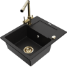 Mexen Enzo 1-bowl granite sink with drainer and Duero kitchen faucet, black - 6506-77-671600-50