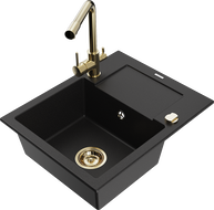 Mexen Enzo granite kitchen sink, 1-bowl with drainer and Duero kitchen faucet, black - 6506-77-671600-50
