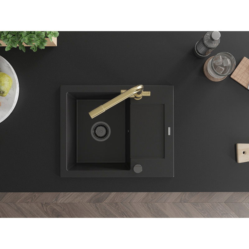 Mexen Enzo Granite Kitchen Sink 1-Bowl with Drainer and Duero Kitchen Tap, Black - 6506-77-671600-50-B