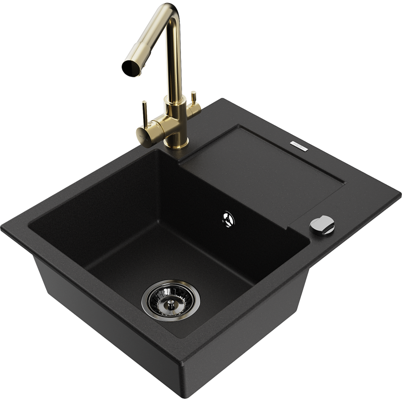 Mexen Enzo Granite Kitchen Sink 1-Bowl with Drainer and Duero Kitchen Tap, Black - 6506-77-671600-50-B