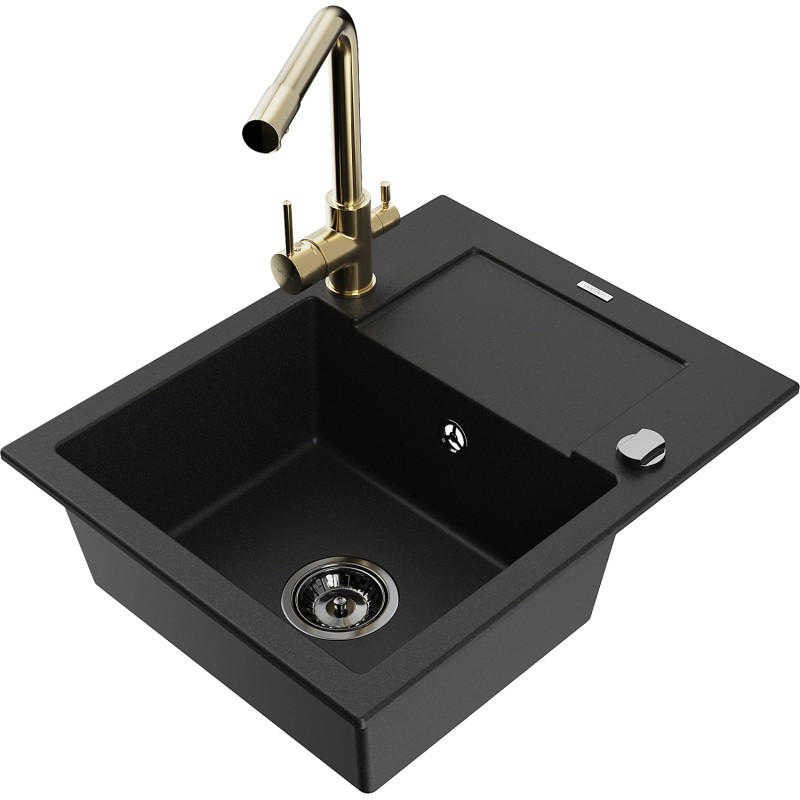 Mexen Enzo granite single-bowl sink with drainer and Duero kitchen faucet, black - 6506-77-671600-50-B