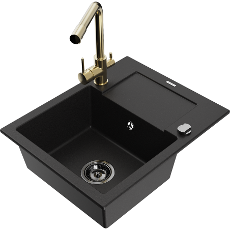 Mexen Enzo Granite Kitchen Sink 1-Bowl with Drainer and Duero Kitchen Tap, Black - 6506-77-671600-50-B