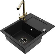 Mexen Enzo Granite Kitchen Sink 1-Bowl with Drainer and Duero Kitchen Tap, Black - 6506-77-671600-50-B