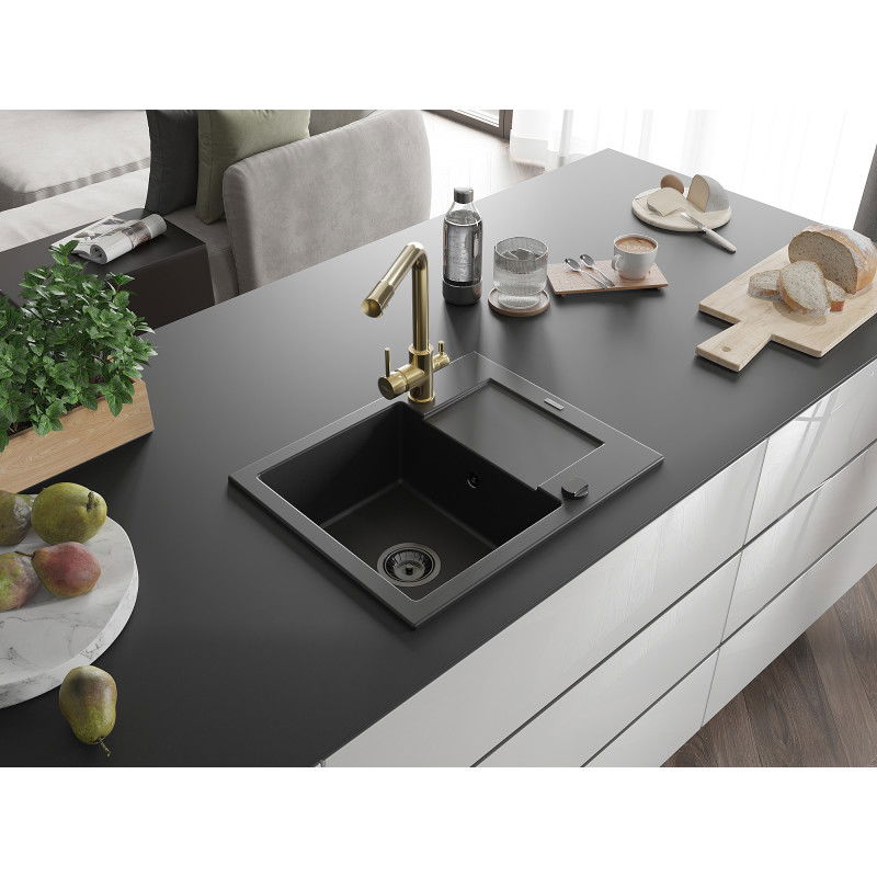 Mexen Enzo Granite Kitchen Sink 1-Bowl with Drainer and Duero Kitchen Tap, Black - 6506-77-671600-50-B