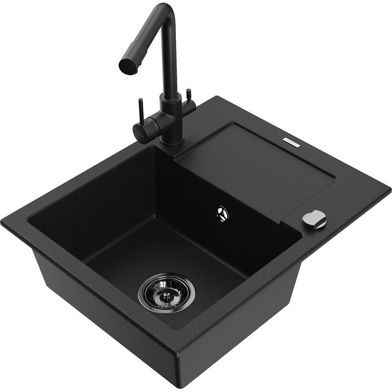 Mexen Enzo 1-bowl Granite Sink with Drainer and Duero Kitchen Faucet, Black - 6506-77-671600-70-B